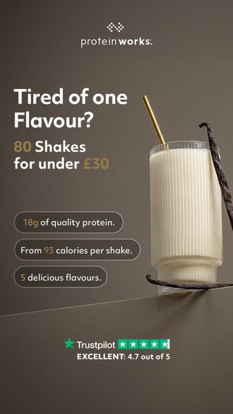 This ad for Protein Works protein powder features a glass of protein shake and promotes the variety of flavors available