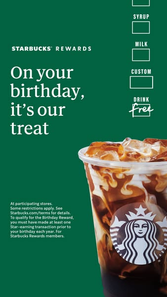 This ad for Starbucks Rewards promotes a free birthday drink for members. The ad features a green background with white 