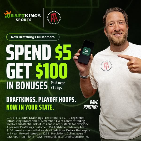 An image ad promoting DraftKings Predictions app, featuring Dave Portnoy, offering new DraftKings customers a bonus of $