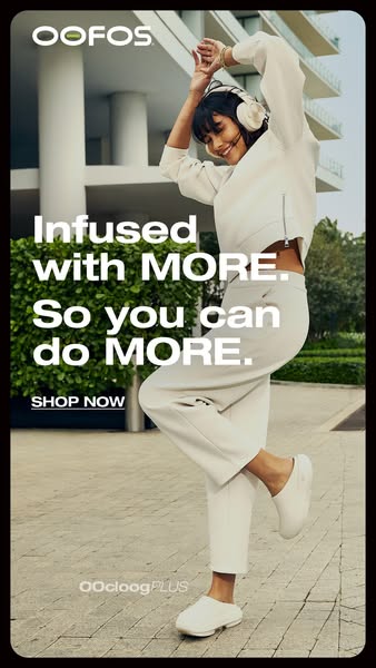 This ad features a woman in motion, wearing OOFOS shoes. The ad copy highlights the added benefits of the product, encou