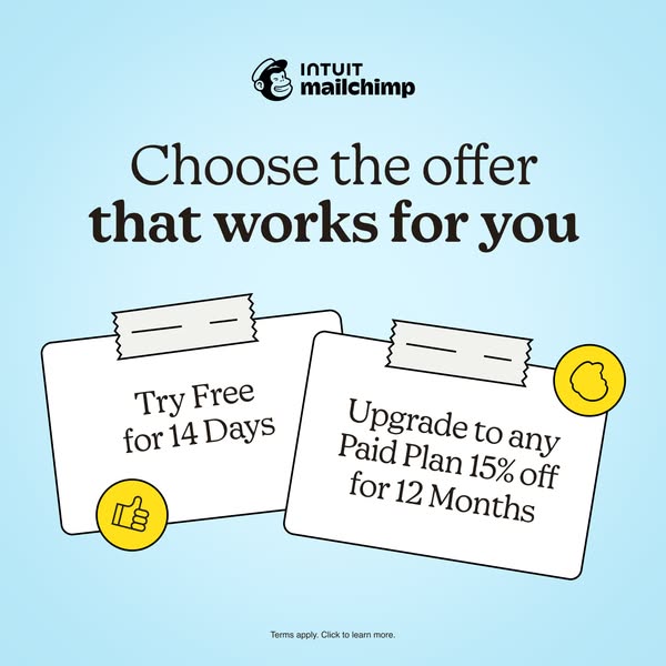 An image ad for Mailchimp provides viewers with the opportunity to 'Choose the offer that works for you'. Two of