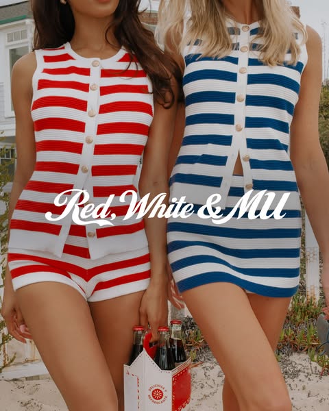 This ad showcases two models wearing matching striped knitwear sets in red and blue, positioned as ideal summer attire.