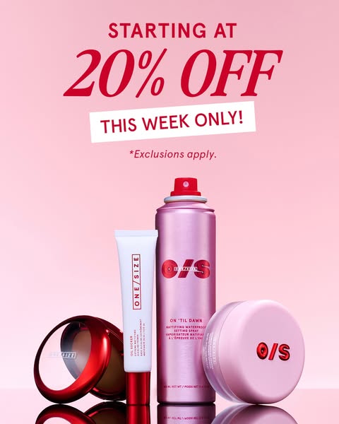 This image ad features multiple ONE/SIZE makeup products with a limited-time offer for 20% off this week only.