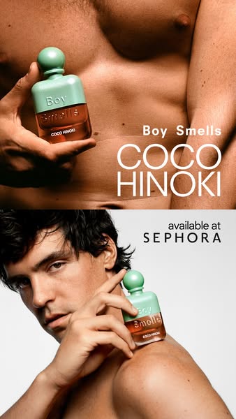 This ad shows a male model holding and dabbing Boy Smells Coco Hinoki perfume on his neck. The ad emphasizes that the pr