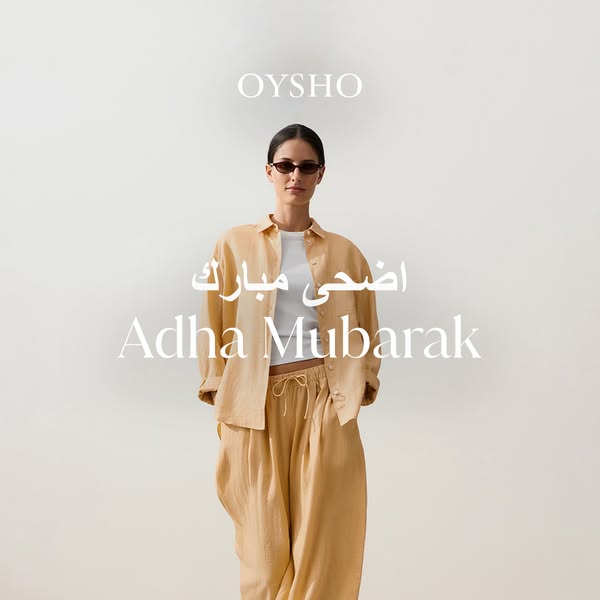 This ad showcases an Oysho linen two-piece outfit in celebration of Adha Mubarak. The visual style is clean and minimali