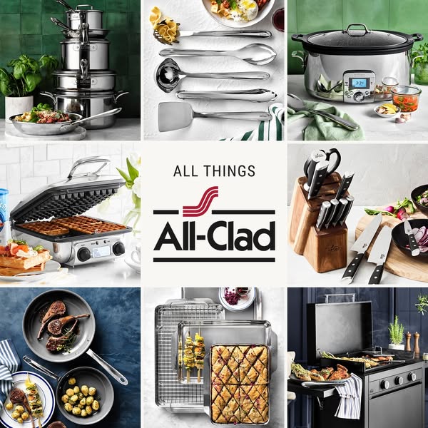 This ad for All-Clad features a variety of kitchenware products, ranging from cookware and knives to a waffle maker and 