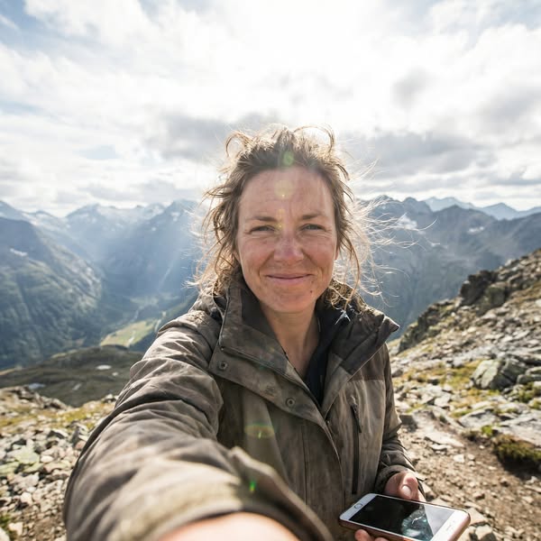 A selfie of a woman outdoors. The image is likely for a product geared towards people who enjoy adventuring and spending