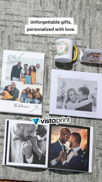 This ad showcases a variety of personalized gifts from Vistaprint, including photo books, mugs, and cards, emphasizing t