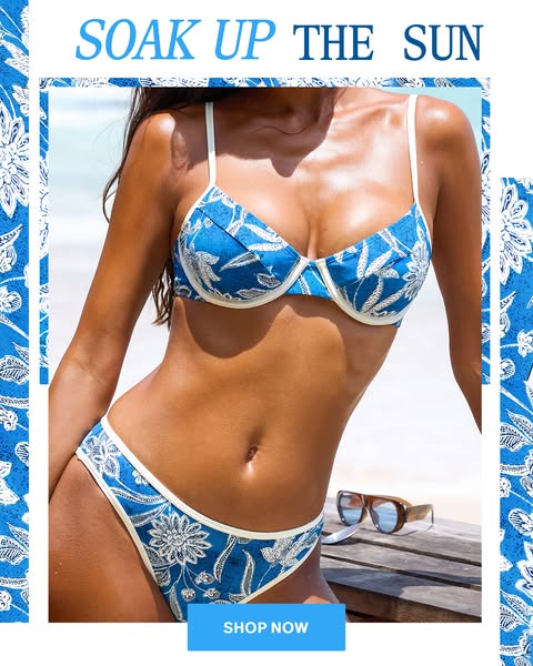A photo of a woman in a blue and white swimsuit by the beach. The text reads 'Soak up the sun' and a button at t