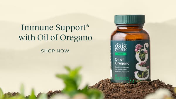 This ad promotes Gaia Herbs Oil of Oregano as a natural immune support supplement. The image features the product promin