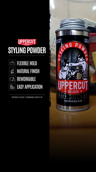 This image ad showcases Uppercut Deluxe's Styling Powder. The ad highlights the product's key features, such as 