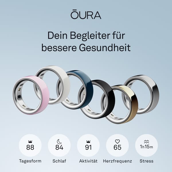 This ad showcases the Oura ring and the lifestyle benefits it offers. The image has five rings of different colors float