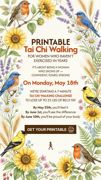 This image ad promotes a printable Tai Chi Walking program for women who haven't exercised in years. It highlights t