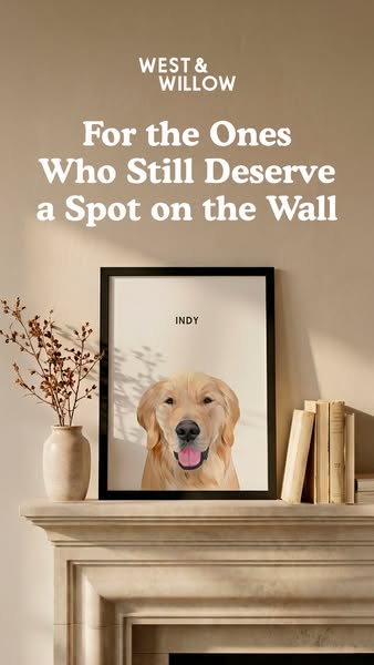 This image ad for West & Willow features a portrait of a golden retriever in a frame displayed on a mantelpiece. The