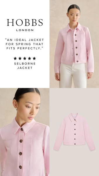 This is a fashion ad featuring a light pink jacket from Hobbs London, paired with a quote about the jacket fitting perfe