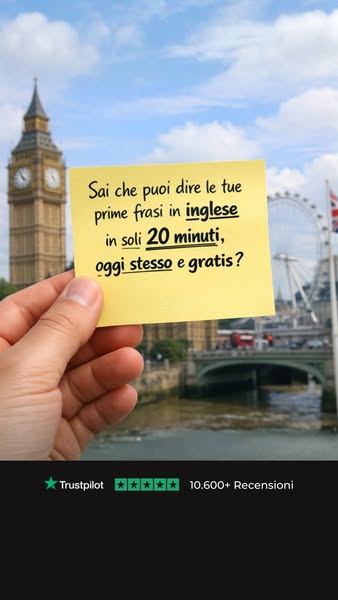 This ad features a hand holding a sticky note with text in Italian. The background is an image of London featuring the E