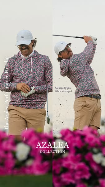 This ad showcases a split-screen of a man in activewear. On the left, he is standing on a golf course. On the right, he 