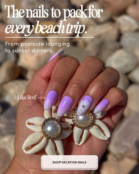 The image ad showcases press-on nails as a convenient and stylish accessory for beach vacations. It emphasizes ease of u