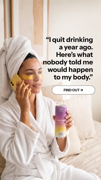 Image ad featuring a woman in a robe and gold eye masks, holding a can of Moment calming drink, with a quote about quitt