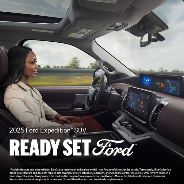 This ad showcases the interior of the 2025 Ford Expedition SUV. A woman is shown sitting in the driver's seat, with