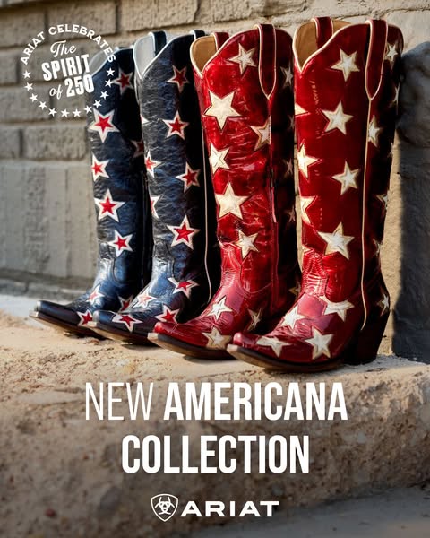 This image ad showcases a new Americana collection of cowboy boots from Ariat, timed to celebrate the upcoming 250th ann