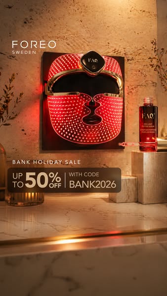 This image ad promotes FOREO products, specifically the FAQ 100 range. It features the FAQ 101 device and a matching ser