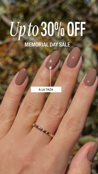 This ad promotes nail polish by featuring an up-close shot of a hand with painted nails and highlighting the specific sh