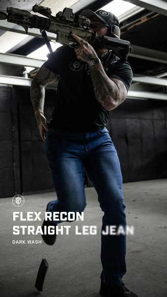 This image ad showcases a man in action, wearing a pair of the brand's 'Flex Recon Straight Leg Jeans'. The