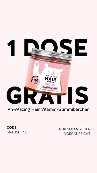 This ad is for Ah-Mazing Hair Vitamin-Gummibärchen, promoting a limited time offer to get 1 free dose using code GRATISD