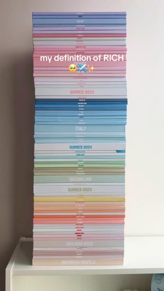 This image ad showcases a tall stack of what appears to be travel guide books, each one representing a different locatio