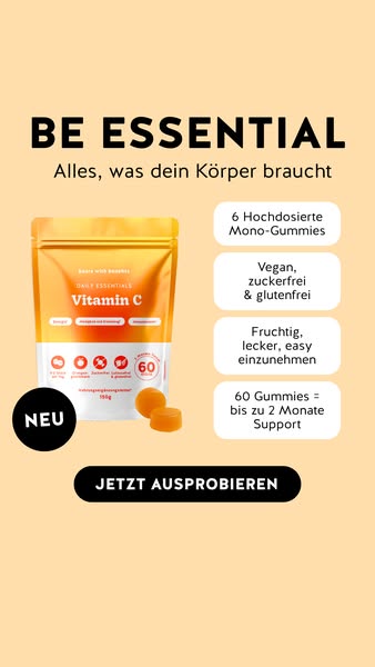 This ad promotes Be Essential Vitamin C gummies. The ad features a bag of the Vitamin C gummies as well as a few gummies