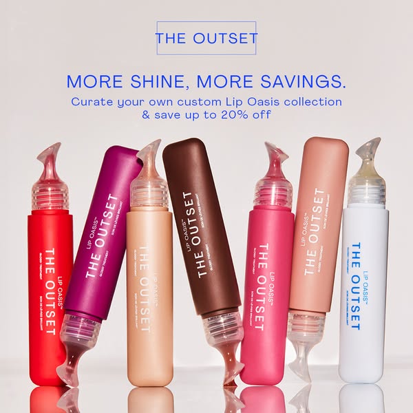 This ad promotes The Outset's Lip Oasis collection, offering a discount for creating a custom set. The ad visually s