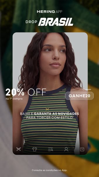 This ad promotes the Hering App, offering 20% off the first purchase and a coupon 'GANHE20' for stylish cheering