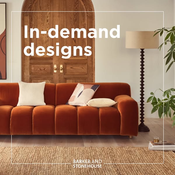 This image ad for Barker and Stonehouse features a stylish orange sofa with throw pillows in a well-lit, modern living r