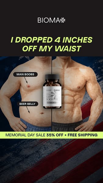This ad shows a before and after photo of a man who lost inches off his waist after using the Bioma GLP-1 Booster. The a