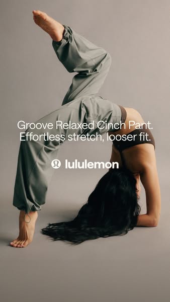 This image ad showcases a woman doing a backbend while wearing Lululemon's Groove Relaxed Cinch Pant.