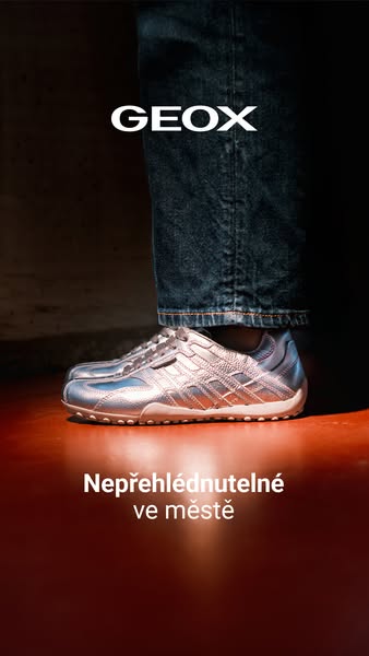 This ad showcases a shiny silver Geox sneaker. The composition is simple, with the shoes set on a reflective red surface