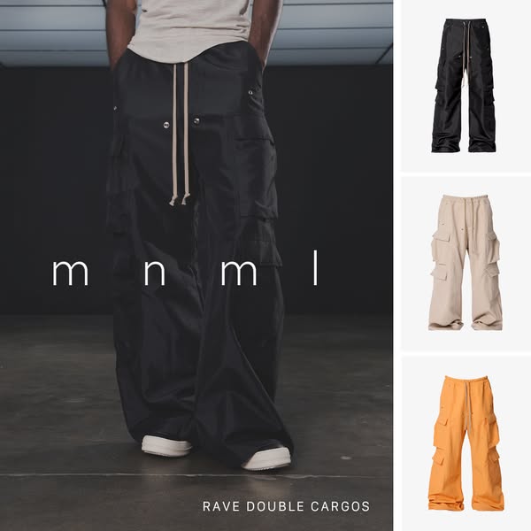 This ad showcases the MNML Rave Double Cargos. The primary focus is on the unique, oversized design of the pants, couple
