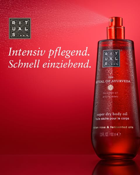 This ad showcases Rituals' super dry body oil from their Ritual of Ayurveda line. It emphasizes the oil's intens