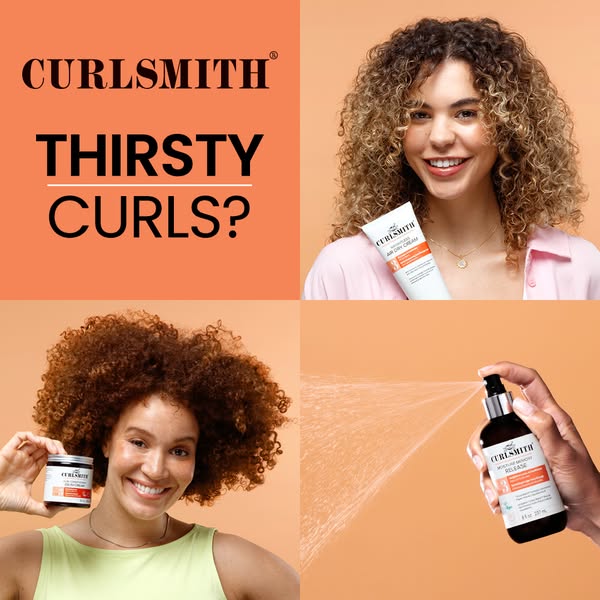 This ad for Curlsmith presents a grid layout featuring photos of women with curly hair and the text 'Thirsty Curls?&
