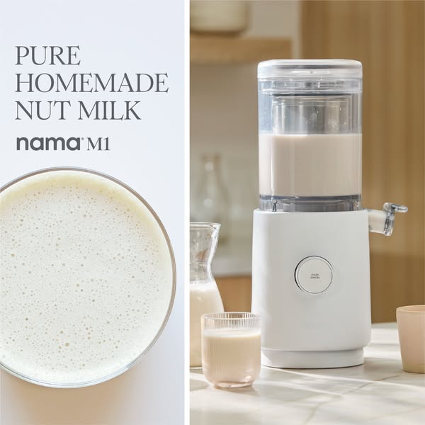This ad for the Nama M1 promotes homemade nut milk. On the left is a description of pure, homemade nut milk along with a