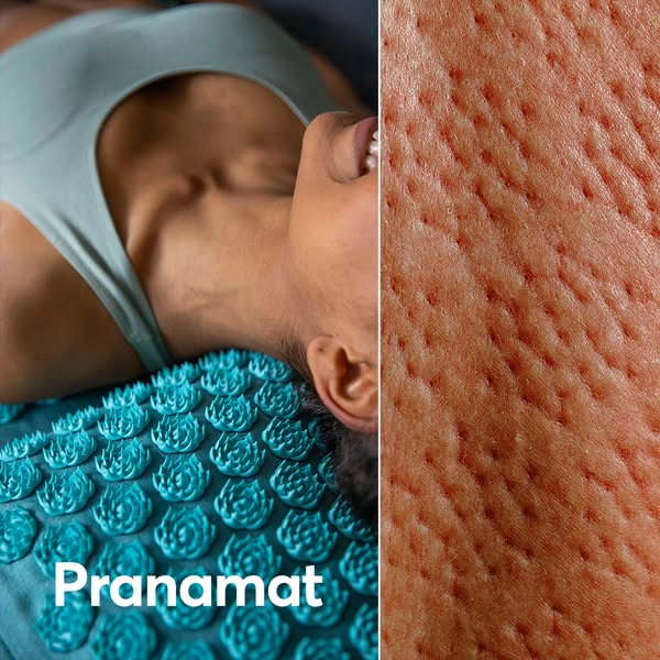 This image ad features a woman laying on a Pranamat, with a close-up texture shot of her skin. The product is positioned