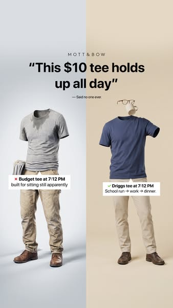 This ad compares the Mott & Bow Driggs tee to a cheaper tee, highlighting its all-day wearability versus a budget te