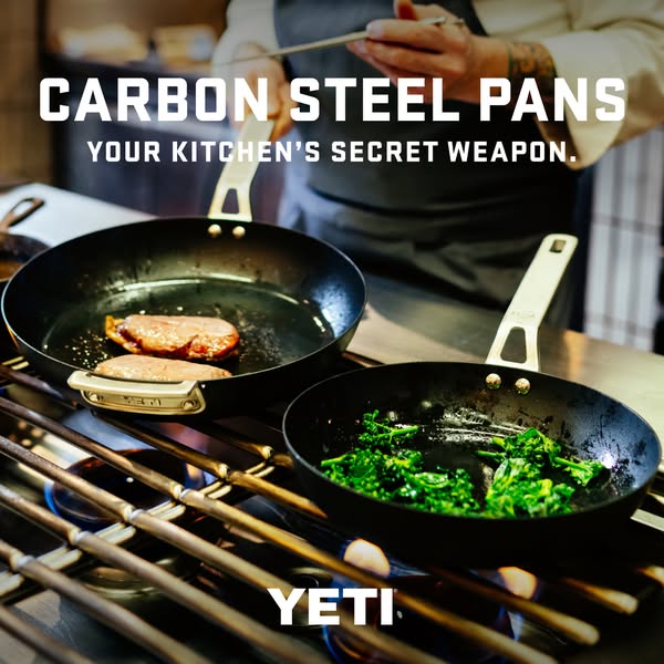 This image ad showcases YETI's carbon steel pans in a professional kitchen. The headline emphasizes the pans as a &#