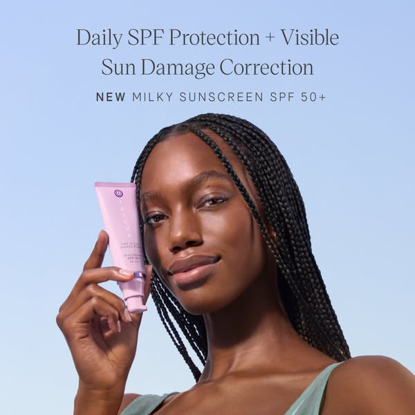 This ad showcases a skincare product, specifically a milky sunscreen SPF 50+, from the brand Tatcha. The ad emphasizes b