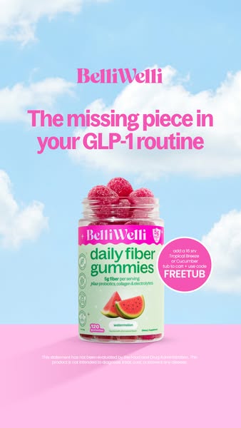 This ad promotes BelliWelli Daily Fiber Gummies, emphasizing their role in a GLP-1 routine. The ad features a jar of the