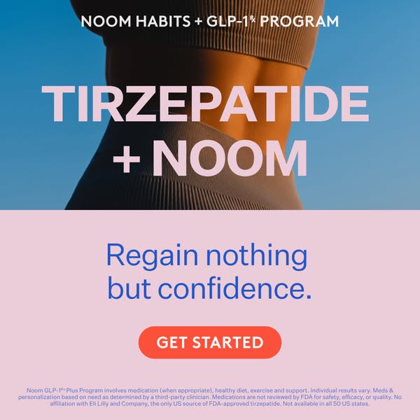 This ad for Noom promotes their habits and GLP-1+ program, highlighting the combination of tirzepatide and Noom for weig