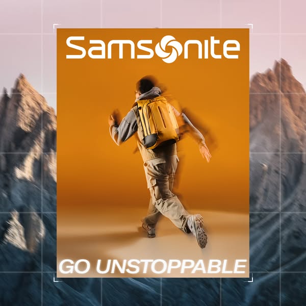 This ad showcases a person running with a Samsonite backpack, emphasizing the idea of being 'unstoppable' and re