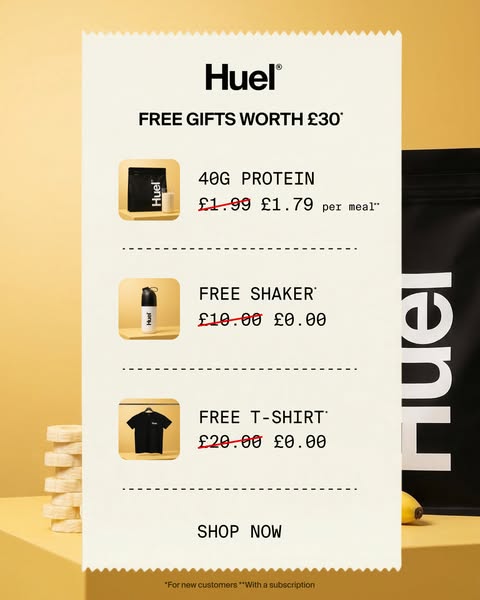 This image ad uses a stylized receipt to show the free gifts, including 40g protein, free shaker, and free t-shirt, incl