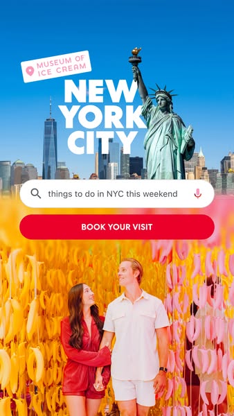 This image ad promotes visiting New York City attractions. The ad uses the Museum of Ice Cream as an example, and a phot